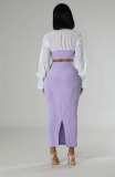 Long Sleeve Color Block Two Piece Skirts Set XHXF-8706