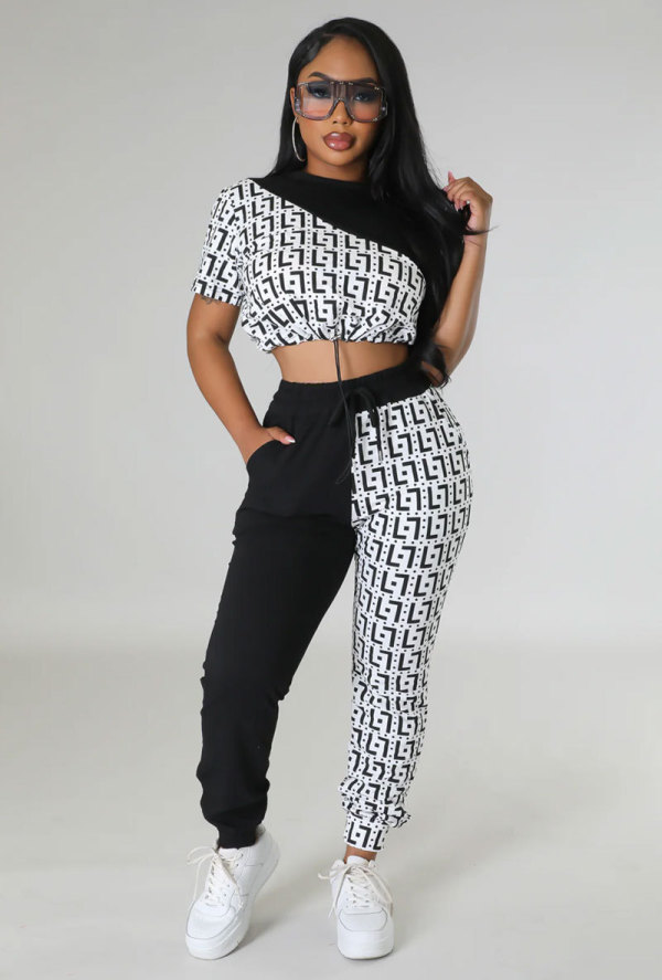 SC Casual Color Block Print Two Piece Pants Set XHXF-8705