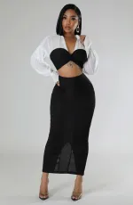 Long Sleeve Color Block Two Piece Skirts Set XHXF-8706