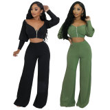 SC Solid Color Zipper Off Shoulder Two Piece Pants Set XHXF-8704