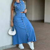 SC Single-button Denim Long Skirt GAKF-40914