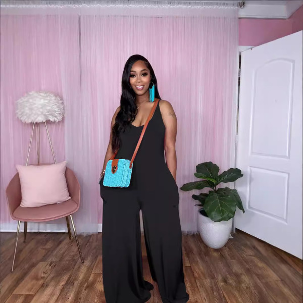 SC Solid Color Sling Loose Jumpsuit TE-4701
