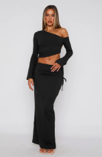 SC Solid Color Slash Shoulder Drawstring Skirt Suit GXYF-0420