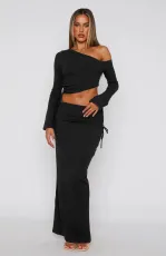 SC Solid Color Slash Shoulder Drawstring Skirt Suit GXYF-0420