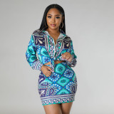 SC Casual Print Long Sleeve Shirt Skirts Two Piece Set YNSF-2656