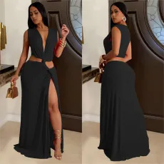 SC Sleeveless Deep V Neck Split Maxi Dress BY-7062