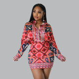 SC Casual Print Long Sleeve Shirt Skirts Two Piece Set YNSF-2656