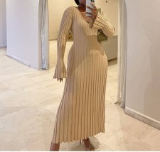 SC Long Sleeve V Neck Knits Maxi Dress GBLH-9516#