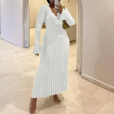 SC Flare Long Sleeve V Neck Knits Long Dress GBLH-9837#