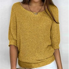 SC Plus Size Solid Color Round Neck 3/4 Sleeve Knit Top GBLH-9008#