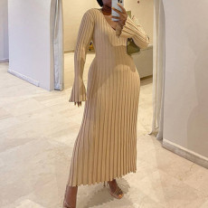 SC Flare Long Sleeve V Neck Knits Long Dress GBLH-9837#
