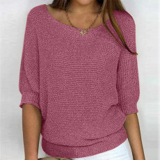 SC Plus Size Solid Color Round Neck 3/4 Sleeve Knit Top GBLH-9008#