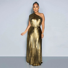 SC Fashion Slant Neck Sleeveless Slim Pleated Dress YF-10693
