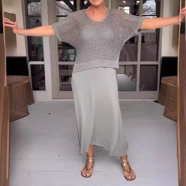 SC Plus Size Solid Color Hollow Out Dress Knits Two Piece Set GBLH-9009#
