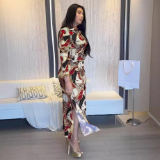 SC Print Long Sleeve Button Side Split Maxi Dress NY-10897