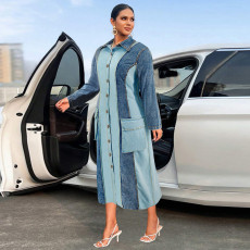 SC Plus Size Denim Patchwork Lapel Long Sleeve Long Dress GDAM-218539