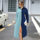 SC Denim Color Block Long Sleeve Maxi Dress GDAM-218550