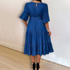 SC Plus Size Fashion Denim Puff Sleeve Midi Dress GDAM-218622