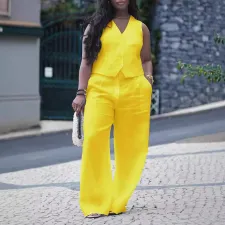 SC Solid V Neck Vest Wide Leg Pants 2 Piece Set NY-10896