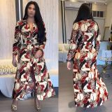 SC Print Long Sleeve Button Side Split Maxi Dress NY-10897