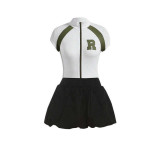 SC Print Zipper Sleeveless T Shirt Skirt Suit YUEM-110180