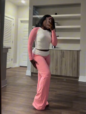 SC Contrast Color Long Sleeve Tight 2 Piece Pants Set CH-24061