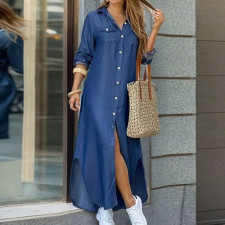 SC Plus Size Single-breasted Long Sleeve Denim Maxi Dress GDAM-218626