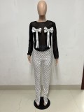 SC Mesh Bow Spot Print Split Pants Two Piece Set YNSF-2655