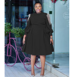 SC Plus Size Polka Dot Mesh Patchwork Lantern Sleeve Midi Dress NNWF-8045