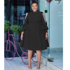 SC Plus Size Polka Dot Mesh Patchwork Lantern Sleeve Midi Dress NNWF-8045