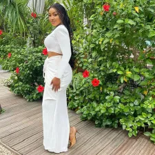 SC Solid Color Pleated Drawstring Long Skirt Suit MUE-M8075