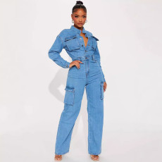 SC Long Sleeve Multi-Pocket Washed Denim Jumpsuit GKNF-3570