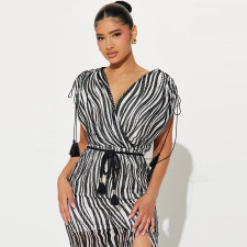 SC Zebra Print Short Sleeve V-Neck Split Nightclub Dress MUE-8068
