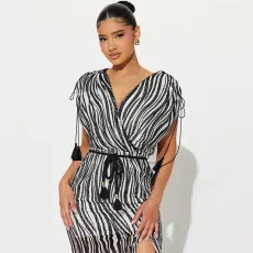 SC Zebra Print Short Sleeve V-Neck Split Nightclub Dress MUE-8068