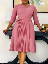 SC Solid Color 3/4 Sleeve Press Pleated Midi Dress GMLF-3295