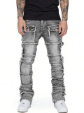 SC Men's Washed Denim Frayed Layered Micro Flare Jean GDMY-3039