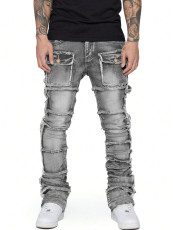 SC Men's Washed Denim Frayed Layered Micro Flare Jean GDMY-3039
