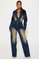 SC Single-breasted Washed Long Sleeved Denim Jumpsuit LX-6027