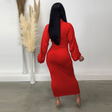 SC Solid Color Zipper Long Sleeve Pleated Maxi Dress TE-4706