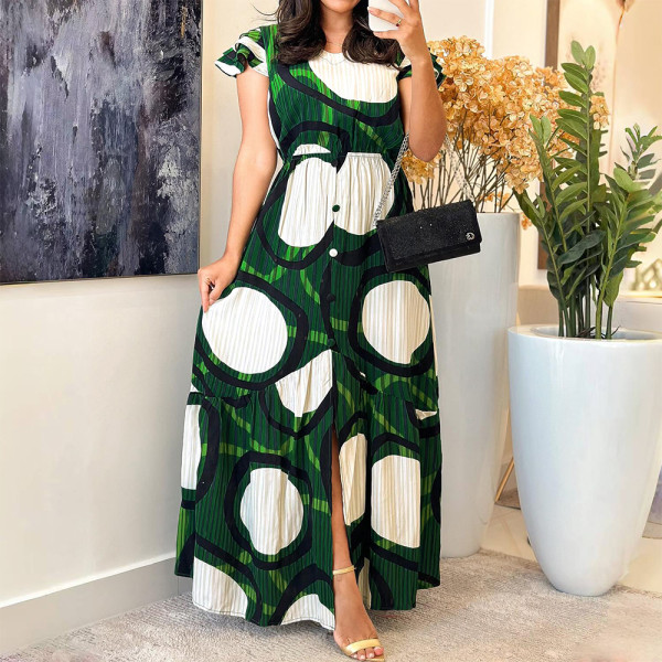 SC O Neck Print Ruffle Sleeve Maxi Dress GYLY-10541