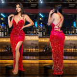 SC Beaded Velour Backless Sling Maxi Dress BY-C7065