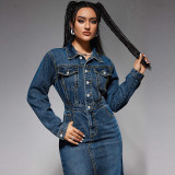 SC Lapel Button Long Sleeve Split Denim Maxi Dress GDAM-218621
