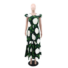 SC O Neck Print Ruffle Sleeve Maxi Dress GYLY-10541