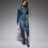 SC Lapel Button Long Sleeve Split Denim Maxi Dress GDAM-218621