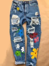 SC Printed Hole Fashion High Waist Jeans GDMY-018