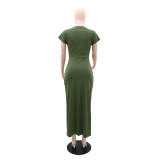 SC Short Sleeve Solid Color Split Maxi Dress GYLY-10529