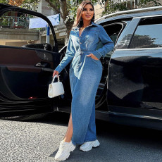 SC Denim Lapel Long Sleeve Split Maxi Dress GDAM-218617
