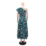 SC Slash Shoulder Print Ruffles Split Maxi Dress GYLY-10551