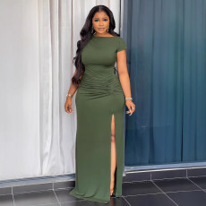 SC Short Sleeve Solid Color Split Maxi Dress GYLY-10529