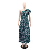 SC Slash Shoulder Print Ruffles Split Maxi Dress GYLY-10551